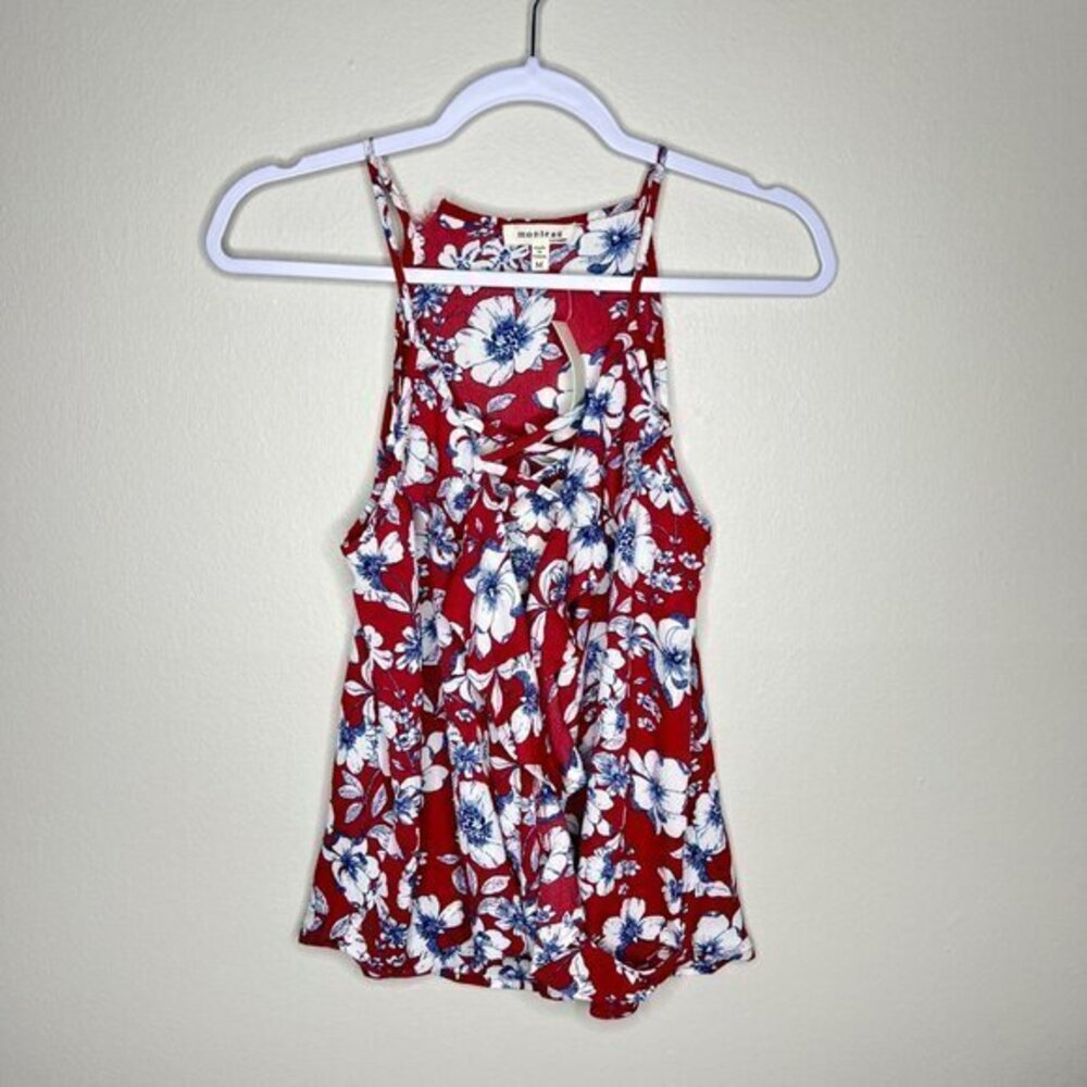Monteau‎ Red Floral Lace-Up Deep V-neck Ruffle Sleeveless Blouse M